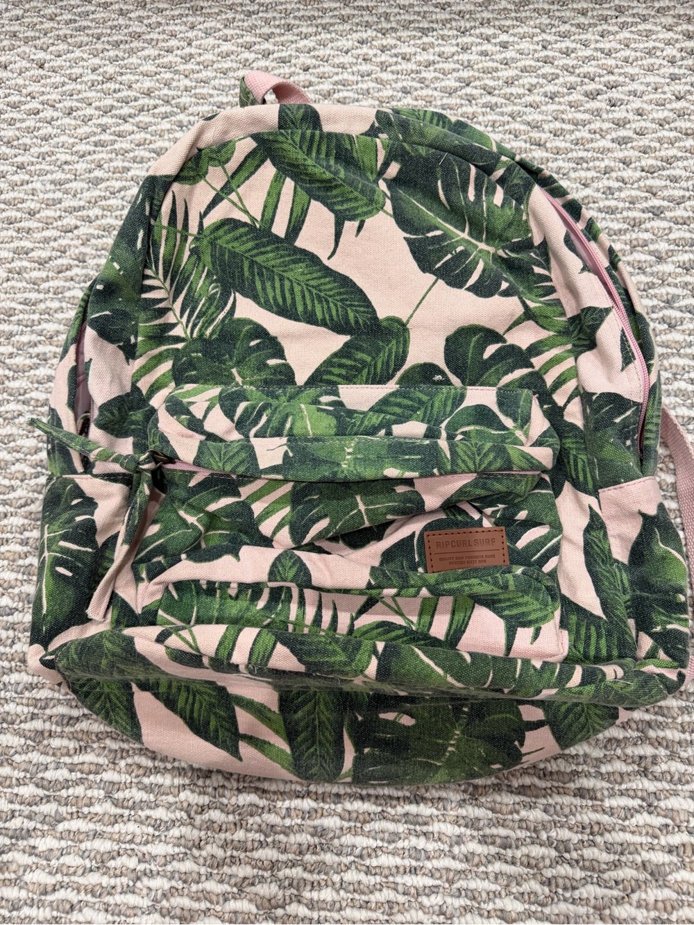 Rip Curl Green Leaf Print Backpack with Pink Base
